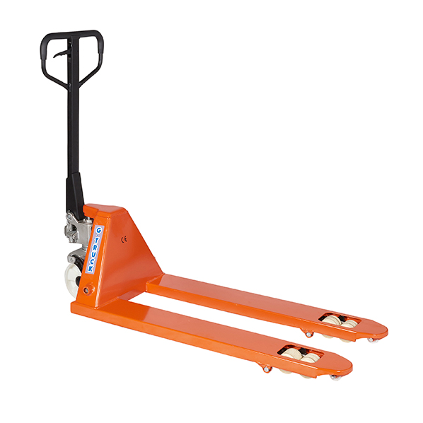 An example of a bright orange hand forklift. 